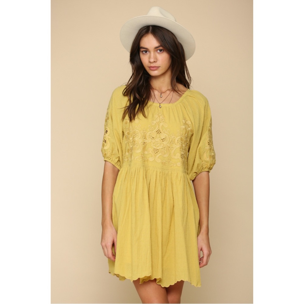 Boho Embroidered Yellow Peasant Dress - Picture 2 of 7